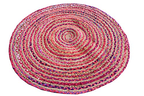 Sophia-Art Chindi Teppich, indischer Bohemian-Stil, mehrfarbig, indisch, handgefertigt, rund, Boho-Stil, wendbar, bunt, Baumwolle, bunt, natürliche Jute, Chindi, runde Matte (Rosa, 91,4 cm / 91,4 cm) von Sophia-Art