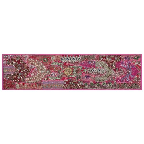 Ethnische Baumwolle dekorativer indischer Esstisch Kunst Tisch Patchwork Perlen bestickt Zimmer Handarbeit Dekor Tuch Tischläufer Fuchsia 40,6 x 152,4 cm von Sophia-Art