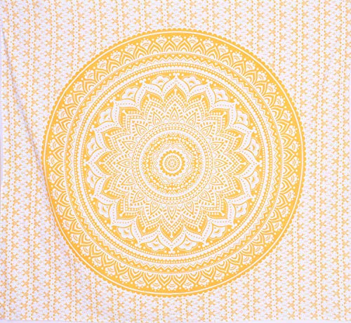 Hippie-Mandala, schöne handgefertigte Tagesdecke, Wanddekoration, Queensize-Tapisserie (gelber Ombre, 218,4 x 238,8 cm) von Sophia-Art
