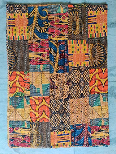 Indische handgemachte Block Print Patch Work Kantha Quilt Decke Tagesdecke Patch Kantha Throw Hippie Ethnische Kantha Rallyes Bohemian Sari Patchwork Bettdecke (Yellow Patchwork, 60" X 90") von Sophia-Art