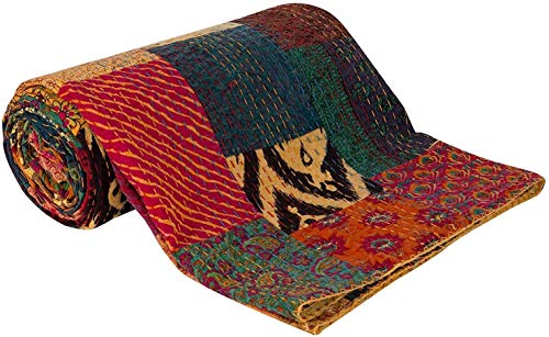 Indische handgemachte Block Print Patch Work Kantha Quilt Decke Tagesdecke Patch Kantha Throw Hippie Ethnische Kantha Rallyes Bohemian Sari Patchwork Bettdecke (Yellow Patchwork, 90" X 108") von Sophia-Art