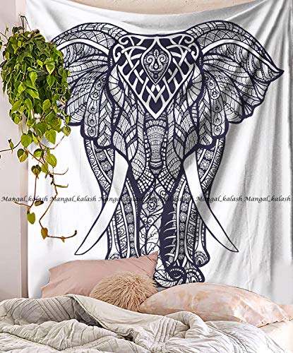 Indischer Wandteppich, Elefant, Mandala, Hippie, indischer traditioneller Überwurf, Strandtuch, Wandkunst, College, Wohnheim, Bohemian, Wandbehang, Boho-Kunst, weiß von Sophia-Art