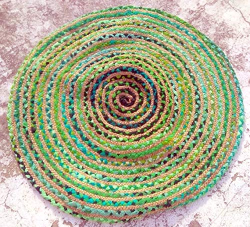 Chindi Rug Indian Bohemian Multi Colored Indian Handmade Braided Round Bohemian Boho Indian Mat Reversible Colorful Cotton Colorful Natural Jute Chindi Round Mat (Grün, 24 Zoll / 2 Fuß) von Sophia-Art