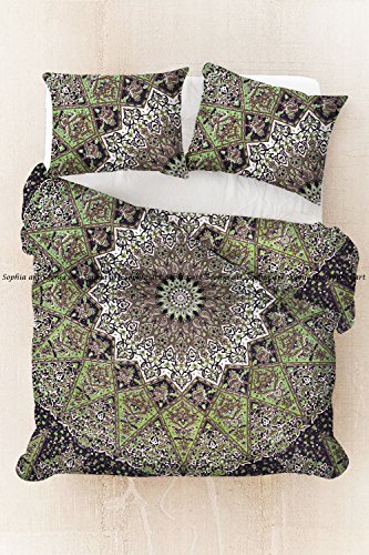 Sophia-Art Exclusive Unique Star Mandala Duvet Twin/Queen Size Handmade Beautiful Bohemian Cotton Mandala Duvet Cover with Pillowcases Mandala Doona Cover (Grün-Schwarz, 80" x 82") von Sophia-Art