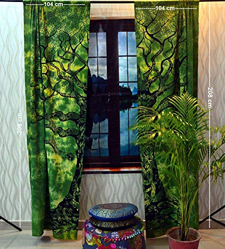 Sophia-Art Fensterpaneel Balkon Baum des Lebens Set Raumdekoration Vorhang Drapieren & Tapisserievorhänge Volant Wohnheim Boho Hippie Indisches Vorhang-Set (grüner Banjar Tree) von Sophia-Art
