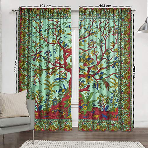 Sophia-Art Fensterpaneel Balkon Baum des Lebens Set Zimmer Dekor Vorhang Vorhang Vorhang & Tapisserie Vorhänge Volant Wohnheim Boho Hippie Indisches Vorhang-Set (Grün) von Sophia-Art