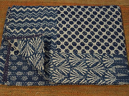 Sophia-Art Handgefertigter Bettbezug mit Blockdruck, für Doppelbett, blau, Indigo, Kantha-Steppdecke, indischer Kantha-Steppdecke, Patchwork, Kantha-Bettbezug von Sophia-Art