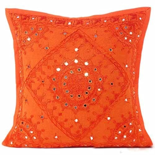 Sophia-Art Handgemachte gestickte Home Covers Arbeit Einrichtungswurf und dekorative kastanienbraune schwere Kissen Spiegel Baumwolle Kissen Indian 16 x 16 Zoll (Orange, 01 Stück) von Sophia Art