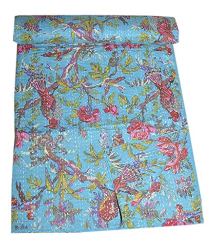 Sophia Art Indian Bohemain Bettwäsche Kantha Vintage ethnische Baumwolle Vogel Kantha Quilt Tagesdecke Patchwork Stitch Decke Queen Size Kantha Steppdecke (Türkis) von Sophia-Art