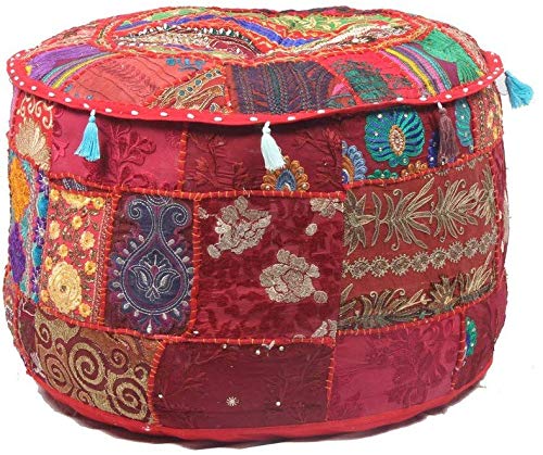 Sophia-Art Indian Embroidered Patchwork Cover Indian Decorative Pouf Indian Comfortable Floor Cotton Cushion Ottoman Pouf,Indian Designs Ethnic Patchwork Pouf (Rot, 18" x 13") von Sophia-Art