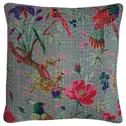 Sophia Art Indischen Floral Home Décor Birds Handgefertigt Gewinde Stickerei Baumwolle Kissen Block Gedruckt Überwurf Kissen Patchwork Sari Ethnische Kantha Kissenbezug 40 x 40 16 x 16 (Grau von Sophia-Art