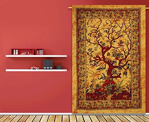 Sophia-Art Indischer Baumwoll-Baum-des-Lebens-Heimdekoration, Hippie-Bohemian-Wandbehang, Wandteppich, 137 x 213 cm, Gelb von Sophia-Art