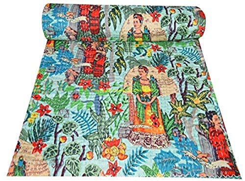 Sophia-Art Indischer König/Twin Handmade Frida Kahlo Bedruckte Baumwolle Kantha Gesteppte Decke Tagesdecke Kantha Work Bohemian Bed Decor Ethnische Überwurfdecke Quilt (Grün, 60 * 90 Zoll) von Sophia-Art