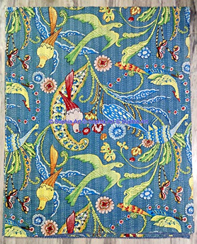 Sophia-Art Indischer Twin/King Handgefertigter Vogel Pfau Druck Baumwolle Kantha Quilt Tagesdecke Ethno Überwurf Decke Bohemian Dekorative Bettwäsche Hippie Bett Cover (grau, 228 x 274 cm) von Sophia-Art