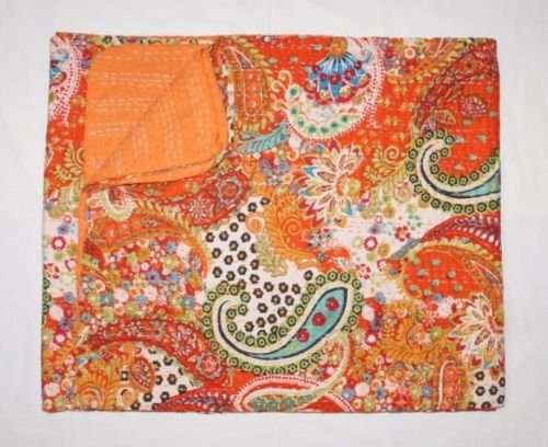Sophia-Art Kantha-Bettdecke, Decke, indisches Muster, handgefertigt, Orange, Paisleymuster, King-Size-Bett, Kantha-Tagesdecke, Bohemian-Bettdecke, Kantha-Größe, 228 x 274 cm (Orange) von Sophia-Art
