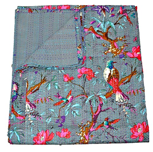 Sophia-Art Indische graue Kantha-Steppdecke, indische Kantha-Decke, Queen-Size-Steppdecke, Kantha-Überwurf, handgefertigte bestickte Tagesdecke, von Sophia-Art