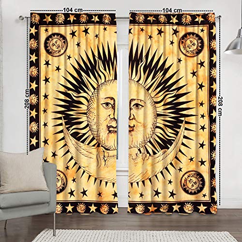 Sophia-Art Sun Moon Tye Dye Mandala Window Curtains Indian Drape Balcony Room Decor Curtain Boho Set Urban Large Tapestry Window Dorm Curtains Drapes Valances (Gelb) von Sophia-Art