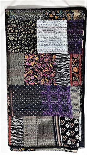 Sophia-Art Twin/King Indian Bettdecke Ethnic Throws Patchwork Indian Quilt Cover Alte böhmische Seide Saree Kantha Tagesdecke Vintage Patola Quilt (Black, King 90" x 108") von Sophia-Art