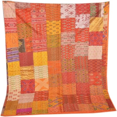 Sophia-Art Twin/King Indian Bettdecke Ethnic Throws Patchwork Indian Quilt Cover Alte böhmische Seide Saree Kantha Tagesdecke Vintage Patola Quilt (Orange, King 90" x 108") von Sophia-Art