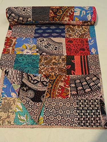 Tribal Asian Textiles Block Print Patch Work Kantha Quilt , Kantha Blanket Bedspread, Patch Kantha Throw, Queen Kantha, Kantha Rallies Indian Sari Quilt 006 by Tribal Asian Textiles von Sophia-Art