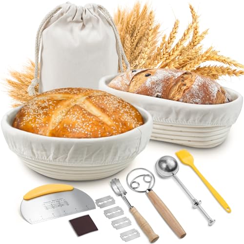 Gärkörbchen Set, Sopito Gärkörbchen für Brot 23cm Rund & 24,5cm Oval Gärkorb mit Leinentuch, Teigschaber, Silikon Teigbürste, Teigbesen, Bäckermesser, Mehlsieb, Aufbewahrungsbeutel von Sopito