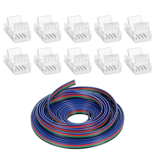 SopwMap LED-Lichter-Verlängerungskabel, 5 m, 22 AWG, 4 Pin, Set mit LED-Streifen, Stecker 10 mm, 4-polig, Schnellverbinder für 5050 3528 RGB LED Strip Connector Kit von SopwMap