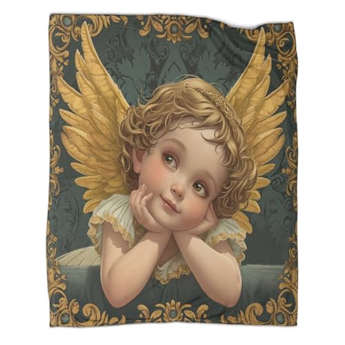 Kleiner Engel 3D Drucken Decke Goldene Flügel Kuscheldecke Flanell Fleecedecke Für Erwachsene Und Kinder Weich Wohndecke Mit Weichem Anti-Pilling Für Bett & Sofa Reisedecke 60x80inch(150x200cm) von SorEci