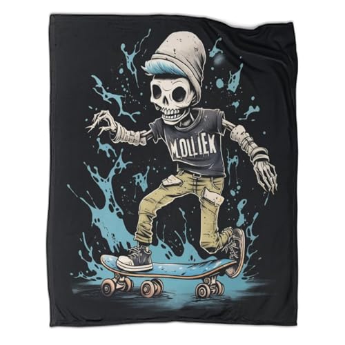 Skateboarder 3D Drucken Flanell Fleecedecke Decke Old School Skelett Weich Wärme Gemütlich Für Kinder Erwachsene Flanell-Fleece Sofadecke Deckeldecke Reisedecke 60x80inch(150x200cm) von SorEci