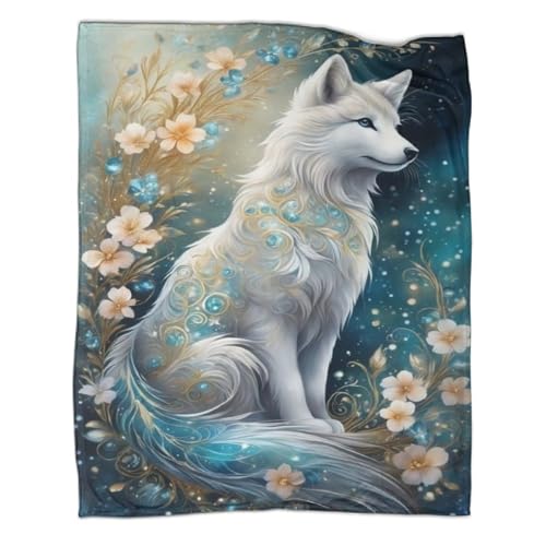SorEci Blumenwolf 3D Drucken Decke Weich Wärme Gemütlich Flanell-Fleece Blumenwolf Sofadecke Microfaser Kinder Erwachsene Deckeldecke Für Bett & Sofa Reisedecke 60x80inch(150x200cm) von SorEci