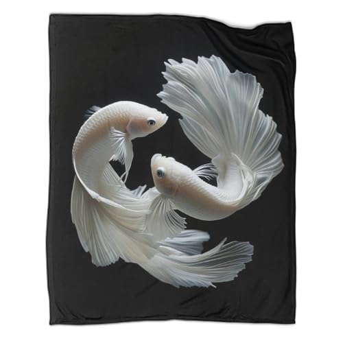 SorEci Kämpfender Fisch Druckdecke 3D Wohndecke Für Kinder Erwachsene Weißer Fisch Mikrofaser Gedruckte Ultraweiche Fleecedecke Flanell Weich Plüsch Decke Für Bett & Sofa 60x80inch(150x200cm) von SorEci