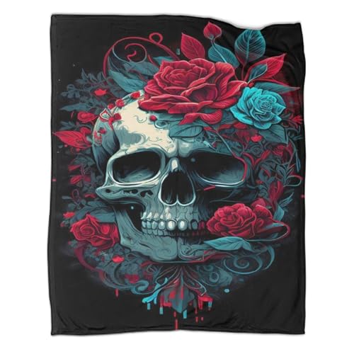 SorEci Rose Totenkopf 3D Drucken Flanell Fleecedecke Decke rote und Blaue Rosen Microfaser Kuscheldecke Decke Kinder Erwachsene Wohndecke Für Bett & Sofa Reisedecke 40x50inch(100x130cm) von SorEci