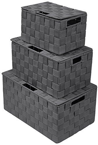 Sorbus Aufbewahrungsbox Gewebter Korb Behälter Tote Cube Organizer Set Stapelbarer Aufbewahrungskorb Gewebter Gurt Regal Organizer Eingebaute Tragegriffe (Deckelbehälter – 3 Stück, grau) von Sorbus