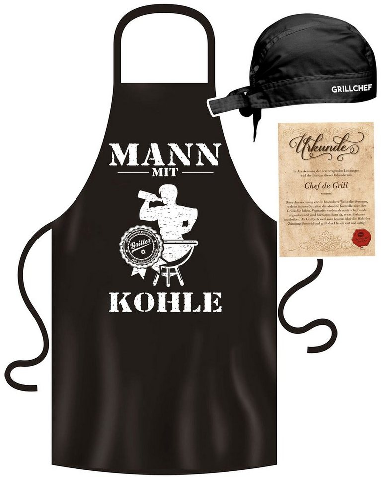 Soreso® Grillschürze Grill-Set für Männer "Mann mit Kohle", (Spar-Set, Geschenk-Set, 3-teiliges Set, 1x Grillschürze+ 1x Grillmütze +1x Urkunde), Grillschürze handgefertigt in Deutschland, Qualitätsprodukt von Soreso®