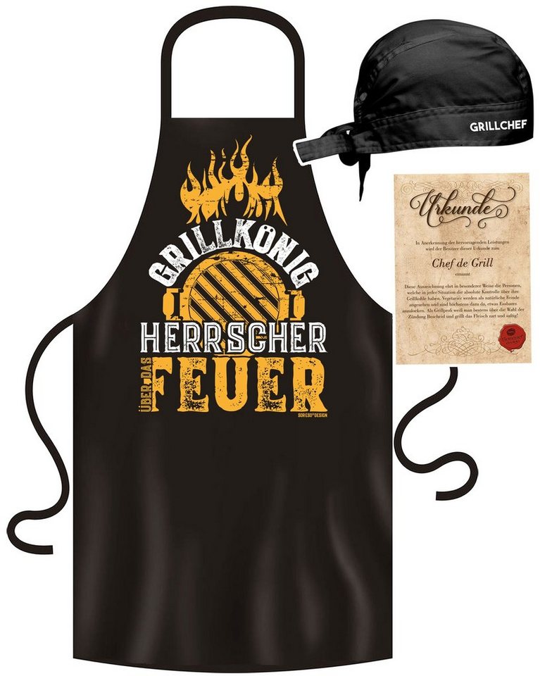 Soreso® Grillschürze Grill-Set für Männer lustig "Grillkönig", (Spar-Set, Geschenk-Set, 3-teiliges Set, 1x Grillschürze+ 1x Grillmütze +1x Urkunde), Grillschürze handgefertigt in Deutschland, Qualitätsprodukt von Soreso®