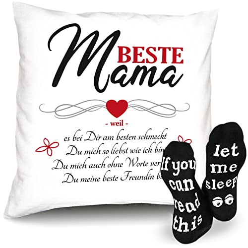 Geschenk-Idee für Mama zu Weihnachten Kissen + Füllung - Beste Mama '+ 1 Paar lustige Sprüche-Socken - Geschenke für Omas Geschenk-Idee Set Weiss von Soreso Design