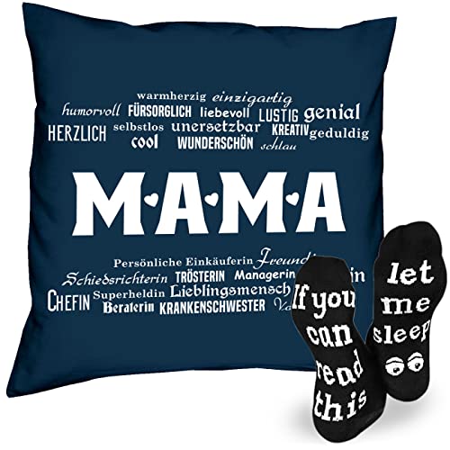 Soreso Design Geschenk-Idee für Mama zu Weihnachten Kissen + Füllung - Mama '+ 1 Paar lustige Sprüche-Socken - Geschenke für Omas Geschenk-Idee Set Navyblau von Soreso Design