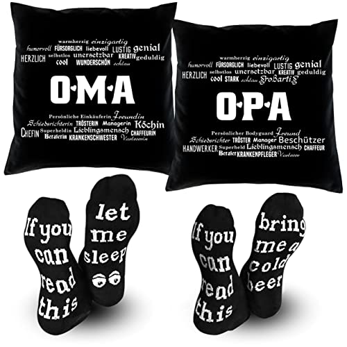 Soreso Design Geschenk-Idee für Oma & Opa zu Weihnachten 2er Kissen Set dazu 2 Paar Socken im Geschenke-Set - Oma | Opa Geburtstagsgeschenk von Soreso Design