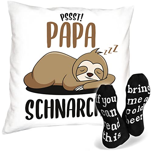 Geschenk-Idee für Papa zu Weihnachten Kissen Set + 1 Paar Socken im Geschenk-Set - Pssst! Papa schnarcht + lustige Sprüche-Socken - Geschenke Geschenk-Idee Set Kissen 40 x 40 cm Farbe: Weiss von Soreso Design