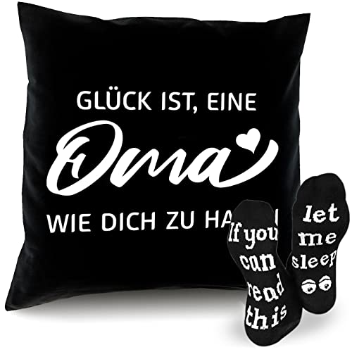 Geschenk für Oma zum Geburtstag Muttertag Weihnachten Kissen - Glück ist, eine Oma wie dich zu haben + Schmunzel-Socken - Geschenke für Großmutter Geschenk-Idee Set Kissen 40 x 40 cm schwarz von Soreso Design