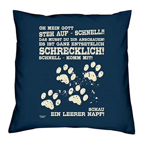 Leerer Napf Pfotenabdrücke :: Lustiges Sprüche Kissen inkl. Füllung 40x40 cm Geschenkidee für Frauen Männer zum Geburtstag Geschenk für Katzenliebhaber & Hundeliebhaber Farbe: Navy-blau von Soreso Design