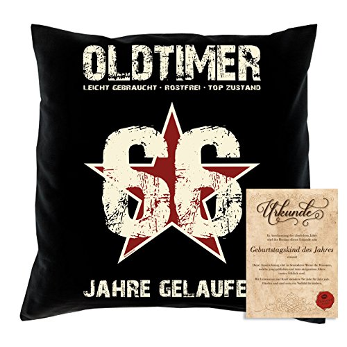 Lustiges Sprüche Kissen : Oldtimer 66 Jahre gelaufen : inklusive Urkunde Geschenk zum 66. Geburtstag Farbe: schwarz von Soreso Design