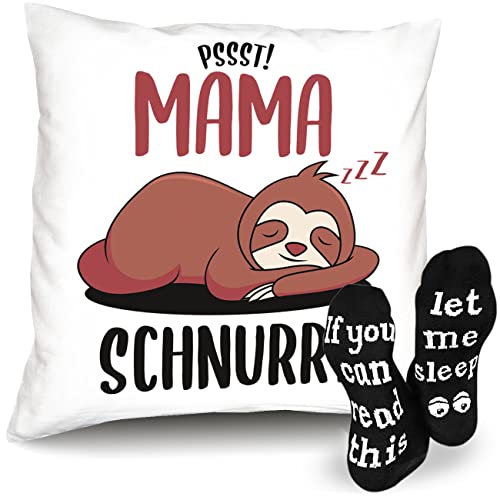 Soreso Design Geschenk-Idee für Mama zu Weihnachten Kissen + Füllung - Pssst! Mama schnurrt '+ 1 Paar lustige Sprüche-Socken - Geschenke für Omas Geschenk-Idee Set Weiss von Soreso Design