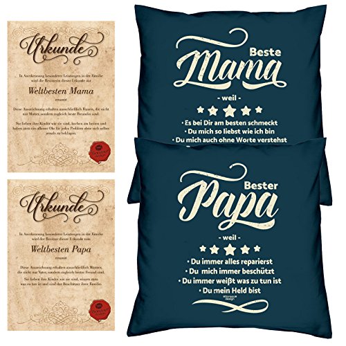 Soreso Design Geschenk Set für Eltern zu Weihnachten 2 Kissen und 2 Urkunden für Mama und Papa Farbe Navy-blau von Soreso Design