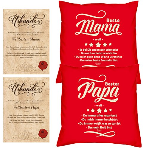 Soreso Design Geschenk Set für Eltern zu Weihnachten 2 Kissen und 2 Urkunden für Mama und Papa Farbe rot von Soreso Design