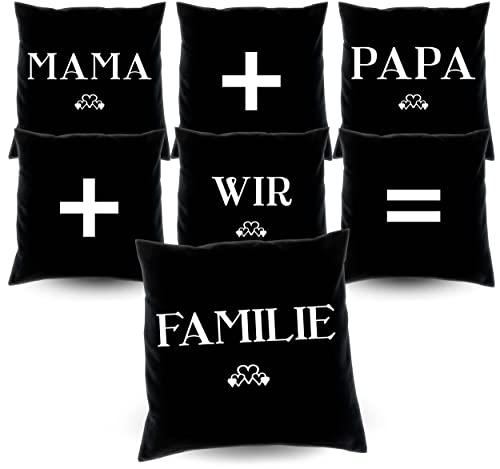 Soreso Design Geschenk für Mama & Papa zu Weihnachten + 7 Kissen Mama + Papa + wir = Familie Geschenke Set Vater Mutter Geschenkeidee + Kissenhülle und Füllung + 40 x 40 cm schwarz von Soreso Design