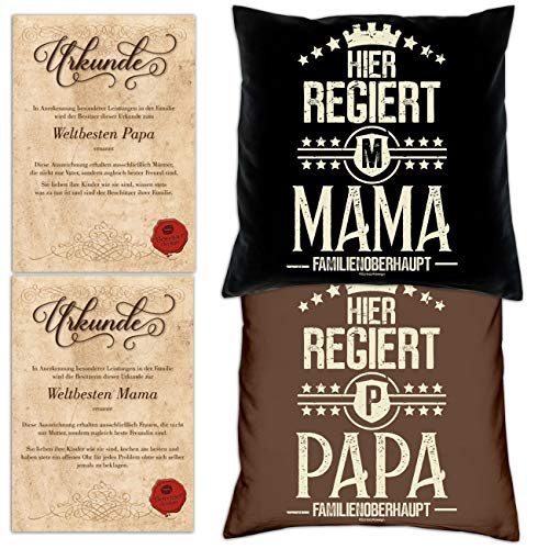 Soreso Design Geschenke für Mama und Papa im Set zu Weihnachten -:- für Eltern : 2 Kissen komplett mit Füllung & 2 Urkunden für Mama & Papa Geschenk von Soreso Design