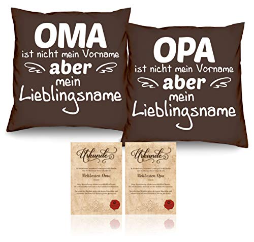 Soreso Design Oma & Opa -:- 2 Kissen inklusive Füllung -:- 2 Urkunden -:- Geschenk Weihnachten Großeltern braun von Soreso Design