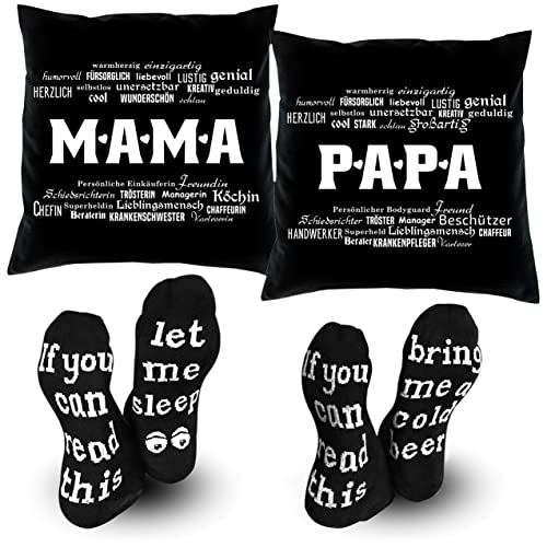 Soreso Design Eltern Geschenk zu Weihnachten 2er Kissen-Set + 2 Paar Socken/Mama/Papa Geschenk-Idee Geschenke-Set Kissen mit Füllung 40 x 40 cm schwarz von Soreso Design