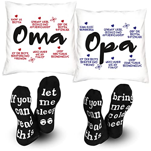 Soreso Design Geschenk-Idee für Oma & Opa zu Weihnachten 2er Kissen Set dazu 2 Paar Socken im Geschenke-Set - Oma | Opa Geburtstagsgeschenk von Soreso Design