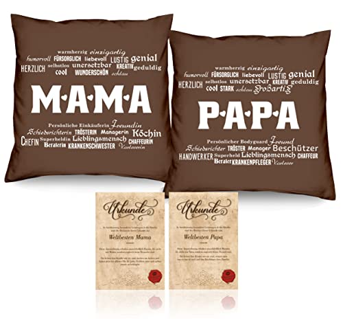 Soreso Design Geschenk für Mama und Papa zu Weihnachten 2er Kissen-Set/Mama/Papa Geschenkidee Geschenke-Set Eltern Kissen 40 x 40 cm braun von Soreso Design
